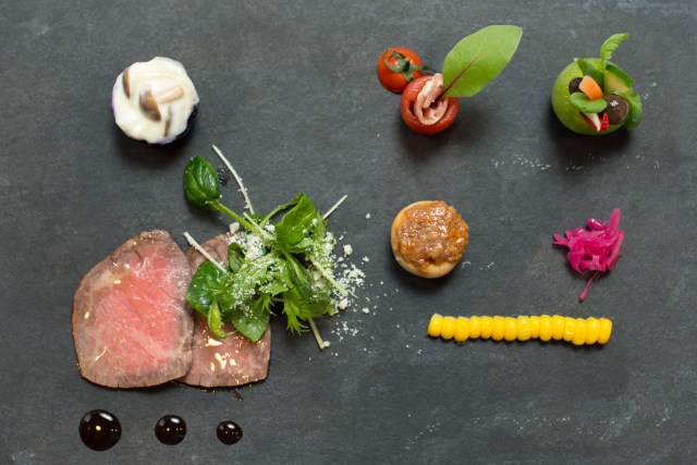 Carpaccio of Matsusaka Beef Round garnished with vegetables from Obata, in Mie Prefecture. 