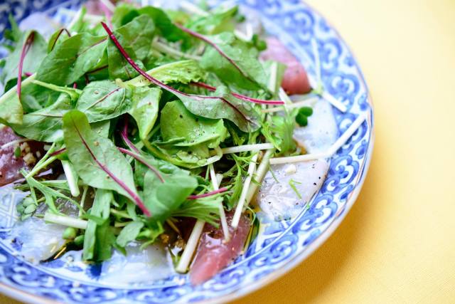 Carpaccio of oval squid, spotted knifejaw and yellowfin tuna