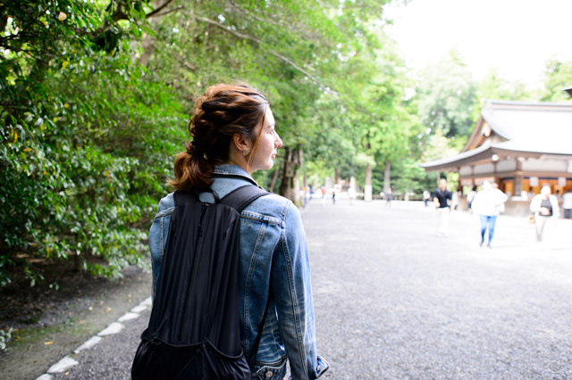 Irene walking the path inside the Outer Shrine